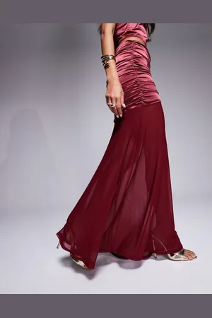 ASOS Co-ord stretch satin ruched maxi skirt with mesh hem in berry