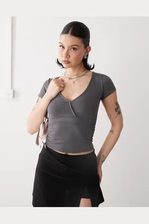 Motel Machiko plunge front wrap top in charcoal
