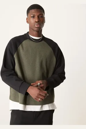 ASOS Oversized boxy waffle contrast raglan t-shirt in khaki and black