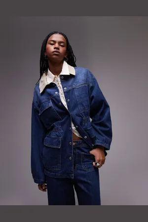 Topshop Denim elasticated waist barn jacket with cord collar in mid