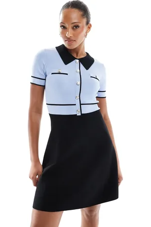 Morgan Collared pocket detail a line mini dress with contrast trim in baby blue & black