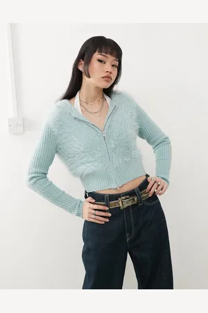 Monki Ribbed fluffy knitted two way zip hooded cardigan in light dusty