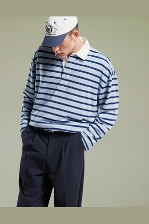ASOS Oversized dropped shoulder long sleeve polo in black and blue stripe