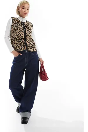 Threadbare Leopard print tie front borg gilet in brown
