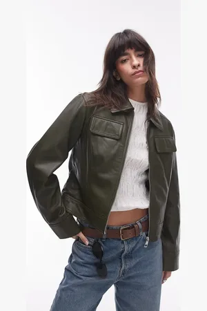 Topshop Premium real leather boxy jacket in dark