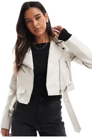 Stradivarius Cropped faux leather jacket in ecru