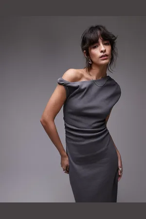 Topshop Jersey twist shoulder maxi dress in charcoal