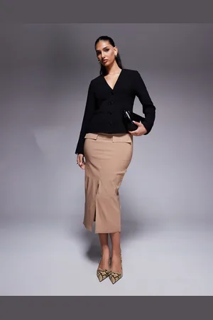 In The Style Bengaline structured split front pocket detail midi skirt in camel