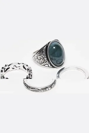 Reclaimed Unisex 4 ring pack with faux emerald stone in