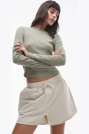 Topshop Rib curve hem long sleeve tee in soft khaki