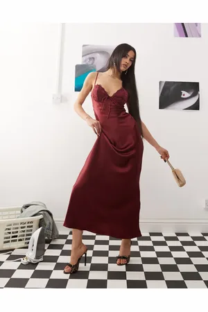 Princess Polly Lace cup detail back cutout tie front cami satin slip maxi dress in burgundy