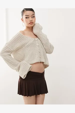 Princess Polly Cropped v neck button front bell sleeve knitted cardigan in beige