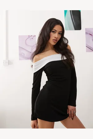 Princess Polly Contrast foldover bardot longsleeve mini dress in mono