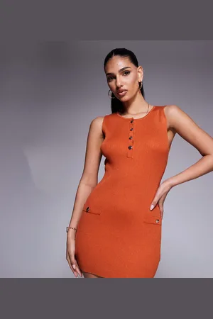 Kaiia Exclusive knitted button front pocket detail sleeveless mini dress in rust