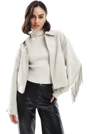 Bershka Faux suede fringe detail jacket in ecru