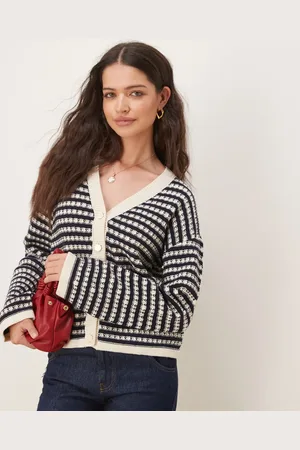 Y.A.S Textured stripe knitted cardigan in black and cream