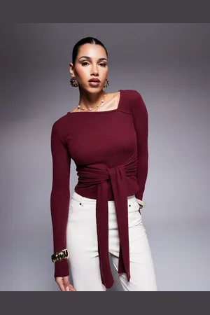 ASOS Brushed asymmetric neck long sleeve top with tie waist detail in burgundy