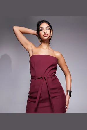 Kaiia Exclusive tailored bandeau longline tie waist top co-ord in burgundy