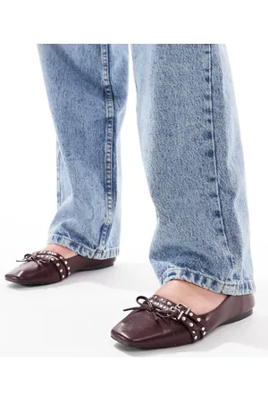 London Rebel Studded buckle ballet shoe in patent burgundy