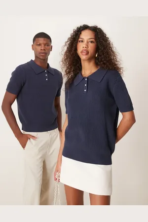 Sister Jane Unisex pearl button knitted polo shirt in navy