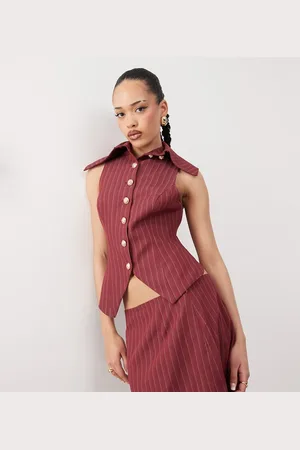 Labelrail X Jennifer McKing high collar tailored pinstripe waistcoat top co-ord in burgundy