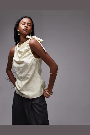 Topshop Jacquard ruch shoulder sleeveless top in buttermilk