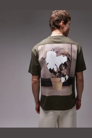Topman Oversized fit t-shirt with front and back collage plant print in khaki