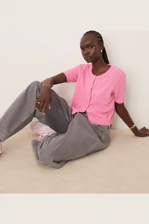 VILA Fluffy knit short sleeve cardigan style top in bubblegum
