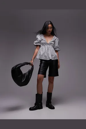 Topshop Poplin puff sleeve top in mono stripe