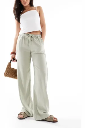 Pull&Bear High waisted linen look trousers in sage