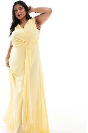 TFNC Bridesmaid chiffon wrap front maxi dress in lemon