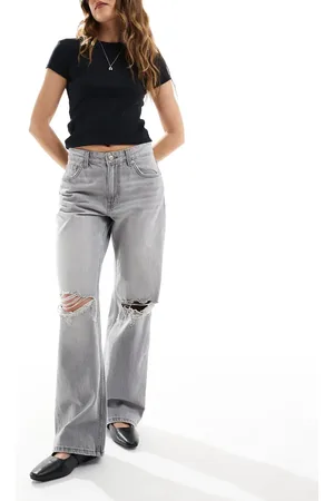 Bershka Ripped knee wide leg jeans in light