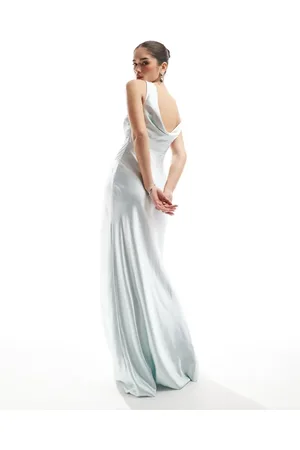Six Stories Bridesmaid cowl back satin maxi dress in ice