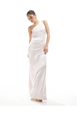 Six Stories Bridesmaid one shoulder satin maxi dress in powder