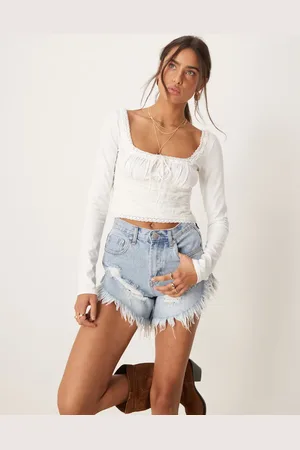 Glamorous Distressed high waisted denim shorts in denim wash