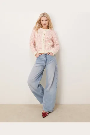 Y.A.S Boucle check knitted cardigan in cream and raspberry
