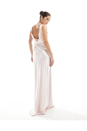 Six Stories Bridesmaid cowl back satin maxi dress in powder