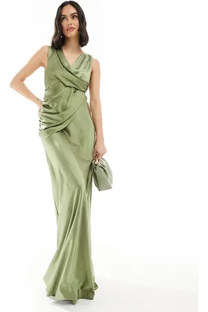 Six Stories Bridesmaid gathered overlay satin maxi dress in moss