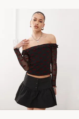 Motel Nihal flocked lips print bardot top in