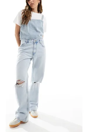 Bershka Ripped knee wide leg jeans in super light wash