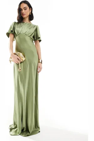 Six Stories Bridesmaid empire waist satin maxi dress in moss
