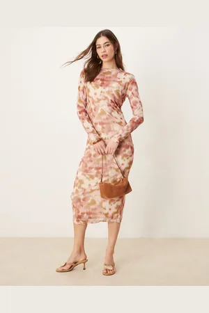 VILA Long sleeve mesh midi dress in rose and birch smudge print