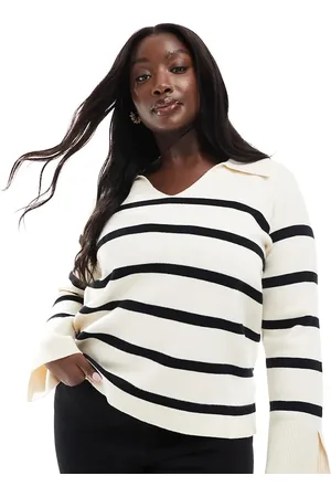 ONLY Split neck knitted jumper in white with black stripes