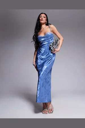 Rare Fashion London satin ruched bust open strappy back maxi dress in butterfly print