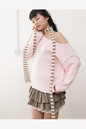 Miss Selfridge Asym off the shoulder slouchy cosy knit jumper in