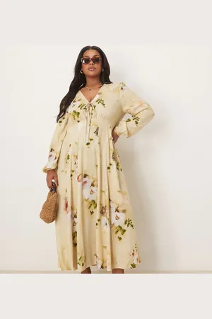 ASOS ASOS DESIGN Curve v-neck long sleeve midi dress with tie front detail in cream floral print