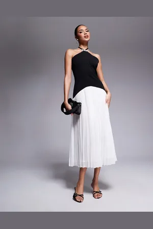 Rare Fashion London bow detail halterneck dropped waist pleated midi dress in black & white mono
