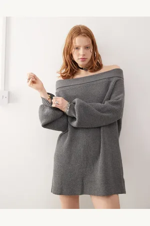 Princess Polly Waffle knit bardot foldover balloon sleeve mini jumper dress in