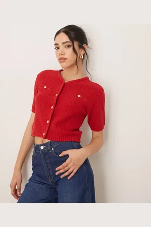 VILA Short sleeve boucle knit cardigan style top in