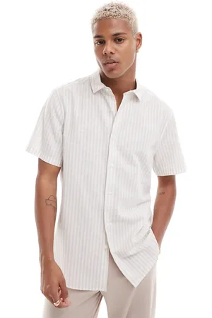 ASOS Smart linen mix stripe regular shirt with cutaway collar in beige